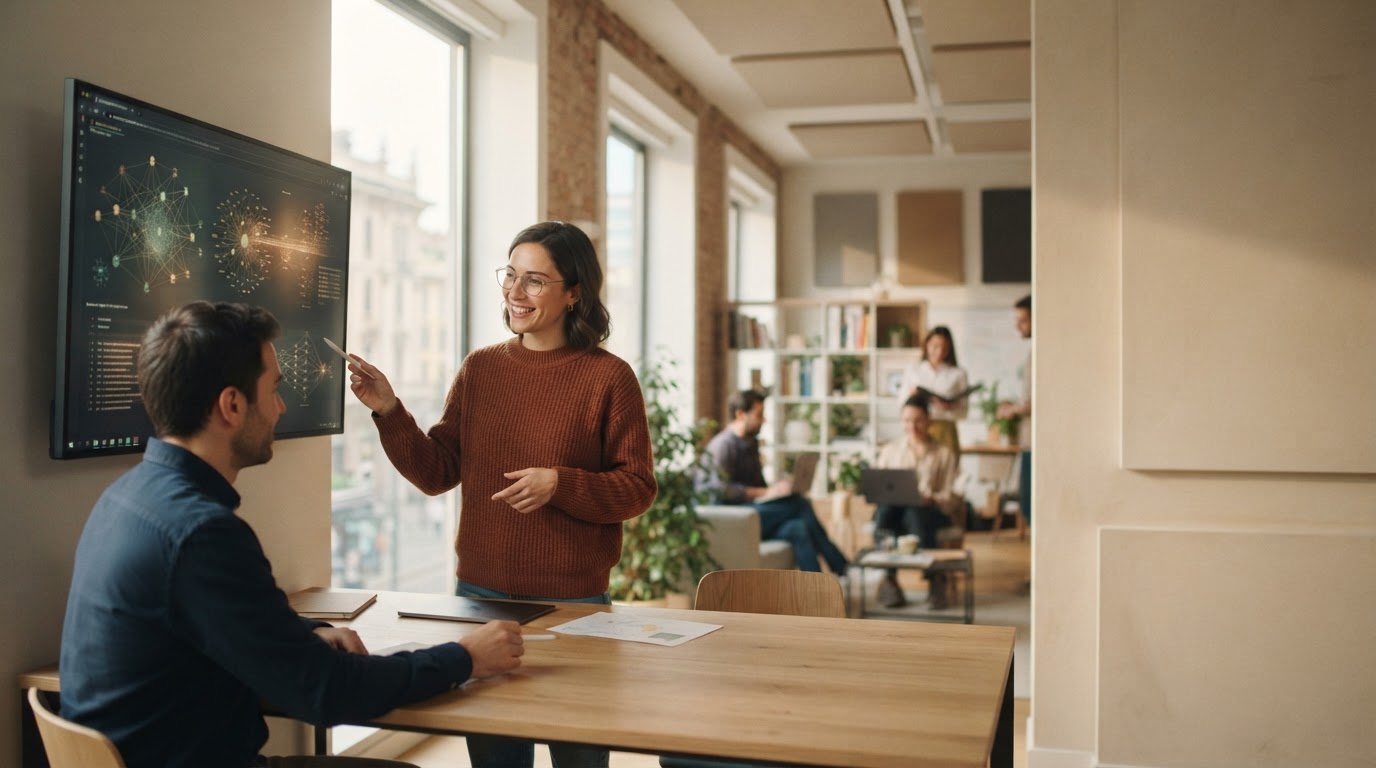 Fibonacci AI: freelance al lavoro in un caffè luminoso con grafici di analisi dati sullo schermo del laptop
